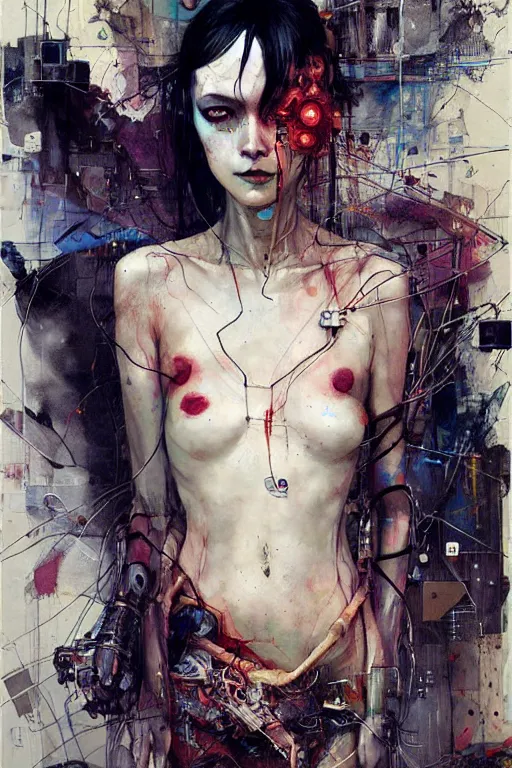 Image similar to young woman cyberpunk dream thief, wires cybernetic implants, in the style of adrian ghenie, esao andrews, jenny saville,, surrealism, dark art by james jean, takato yamamoto