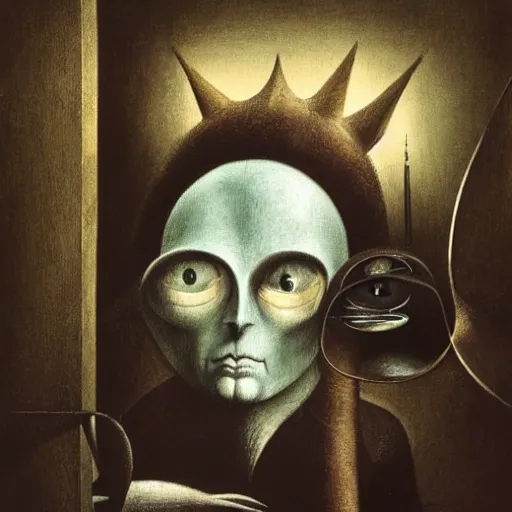 Prompt: a creature with distinct personality by ashley wood, leonora carrington, hieronymus bosch and mark ryden, alone in a hotel room : : close - up portrait through a mirror : : surrealist artwork : : ultra - detailed technical precision : : matte painting, high definition 3 d render, unreal engine