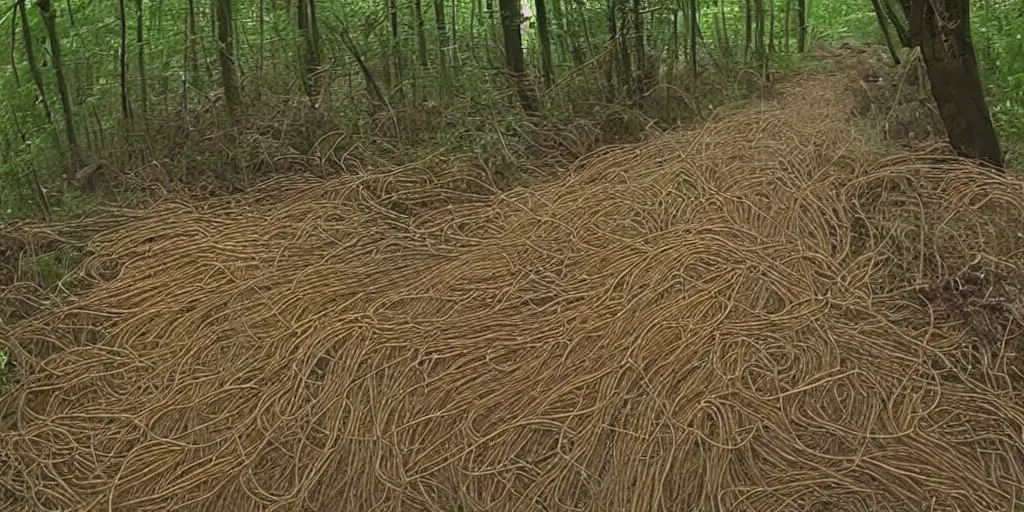 Image similar to trailcam footage of a demon made of spaghetti