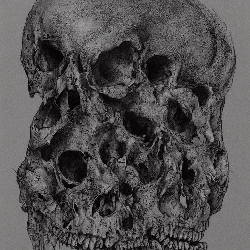 Prompt: a highly detailed skull done in the style of zdislaw beksinski