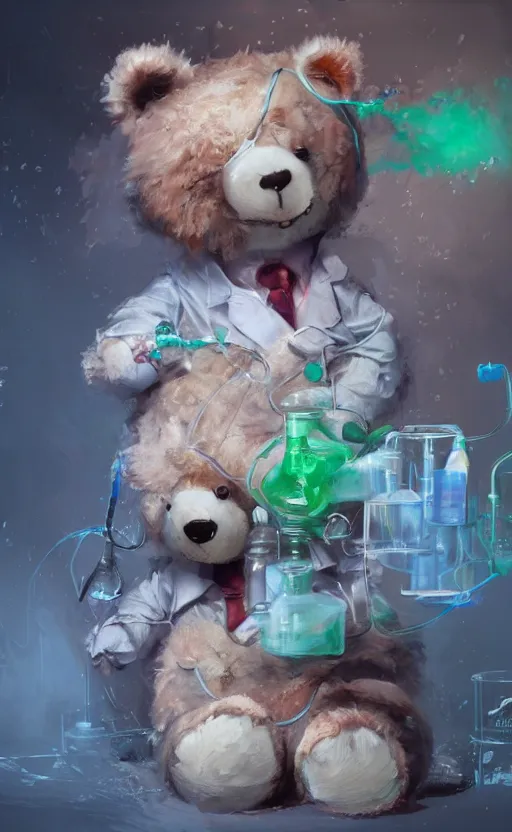 Image similar to a teddy bear mixing chemicals, mad scientist, oil painting, fantasy concept art, trending on art station, stunning visuals, creative, cinematic, ultra detailed