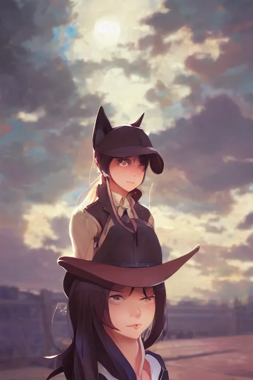 Image similar to a very cute cowgirl with cat ears, single subject, medium shot, ambient lighting, visible and detailed face, by makoto shinkai, stanley artgerm lau, wlop, rossdraws