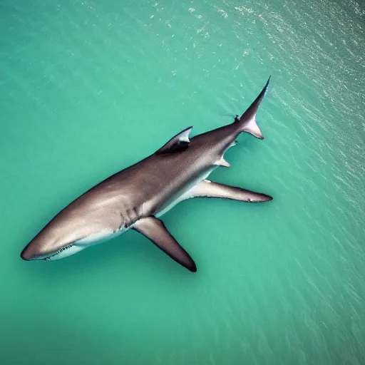 Image similar to an aerial photograph of a giant shark underneath a small boat. photograph. high quality. national geographic.