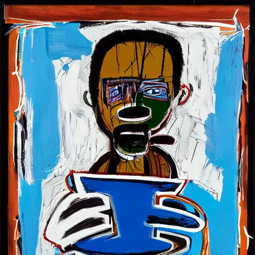 Prompt: Evening time . Sun rays are pouring through the window lighting the face of an angry man drinking from a blue cup of coffee. Detailed and intricate brush strokes, oil paint and spray paint, markers, paper collage, crayon transfer on canvas. Painting by Basquiat, 1984
