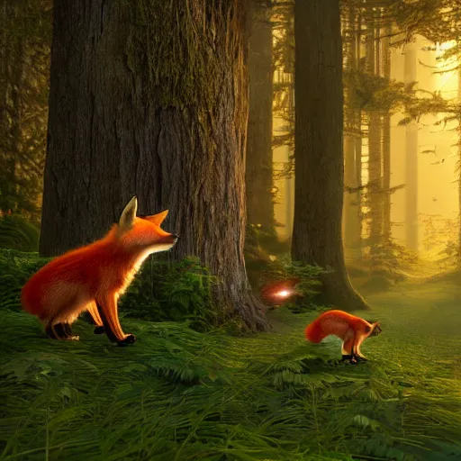 Image similar to unreal engine 5, magical forest covered with fly agaric, there is a fox with two cubs, light magical fog