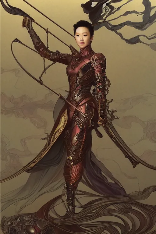 Image similar to full length portrait of zhang ziyi in armour, by eve ventrue, michael carson, andreas rochas, john watkiss, casey weldon, artgerm. art nouveau. tarot card by mucha. gloomhaven. swirly intricate linework background. gaudy colors, sharp edges. octane render