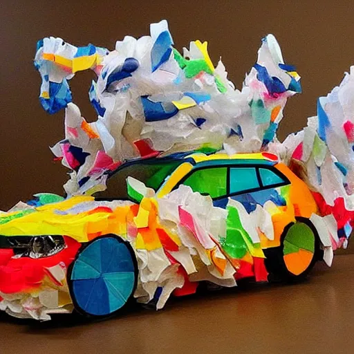 Image similar to bmw hatchback made of tissue paper, tissue paper art