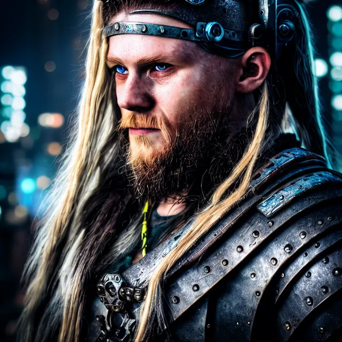 Image similar to photograph of a cyberpunk viking extremely detailed. dslr. 8 5 mm.