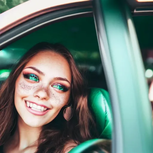 Prompt: beautiful selfie of a cute young woman with vivid emerald green eyes, sitting in her car, long bronze brown hair, flushed face, red blush, light freckles, big puffy lips, smiling softly, soft features, 8 k, sharp focus, instagram, portra 4 0 0
