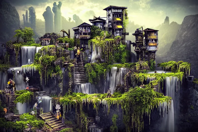 Image similar to gothic waterfall favela honeybee hive, brutalist environment, industrial factory, award winning art, epic dreamlike fantasy landscape, ultra realistic,