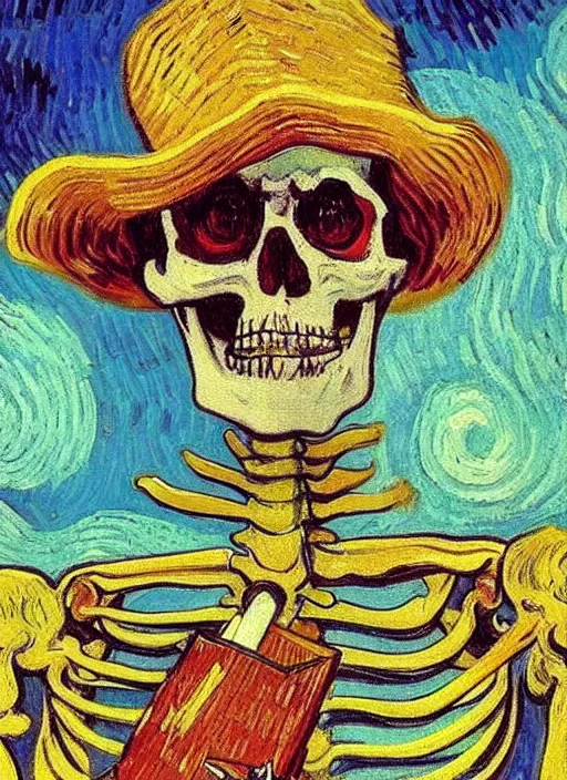 Image similar to a painted portrait of a rainbow skeleton smoking a cigarrette, by Vincent Van Gogh, artstation trending