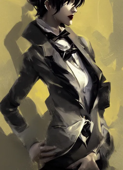 Image similar to a highly detailed illustration of beautiful short black messy haired woman wearing eyepatch and noir style suit and tie, yellow eyes, dramatic smiling pose, intricate, elegant, highly detailed, centered, digital painting, artstation, concept art, smooth, sharp focus, league of legends concept art, WLOP