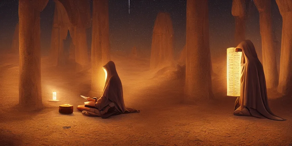 Image similar to a hooded man reading ancient scrolls in the light from a small fire in the Egyptian desert, night, stars, palm trees, mystic, by Andreas Rocha + Ted Nasmith, dark, cinematic lighting, masterpiece, highly detailed, 8k resolution, trending on art station