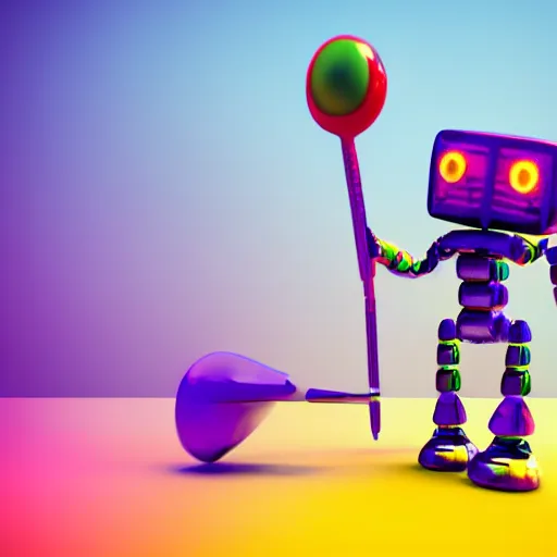 Image similar to a photorealistic 3 d render made in blender of a colourful friendly robot being poked in the eye by a man with a stick. background is a purple gradient