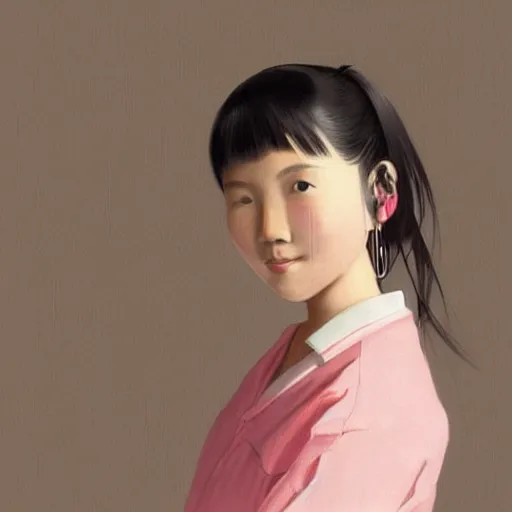 Image similar to portrait of asian girl with muji shirt, round face, black hair, ponytails, skinny, smile, attractive, small chin, wearing pink hair bow, earrings, with a japanese print background, intricate, elegant, glowing lights, highly detailed, digital painting, artstation, sharp focus, illustration, art by wlop, mars ravelo and greg rutkowski