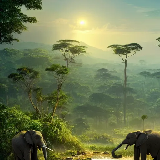 Prompt: African elephants in the jungle, beautiful dynamic lighting, cinematic, wide angle establishing shot, extremely high detail, photo realistic, cinematic lighting, post processed, concept art, artstation, matte painting, style by frederic church, raphael lacoste, alex ross, unreal engine 8k