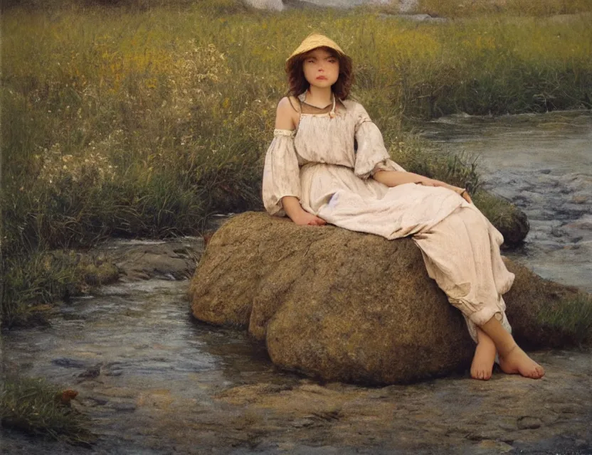 Image similar to peasant girl sitting on a stone by a shore of river, cottage core, cinematic focus, polaroid photo bleached vintage pastel colors high - key lighting, soft lights, foggy, by steve hanks, by lisa yuskavage, by serov valentin, by tarkovsky, 8 k render, detailed, oil on canvas