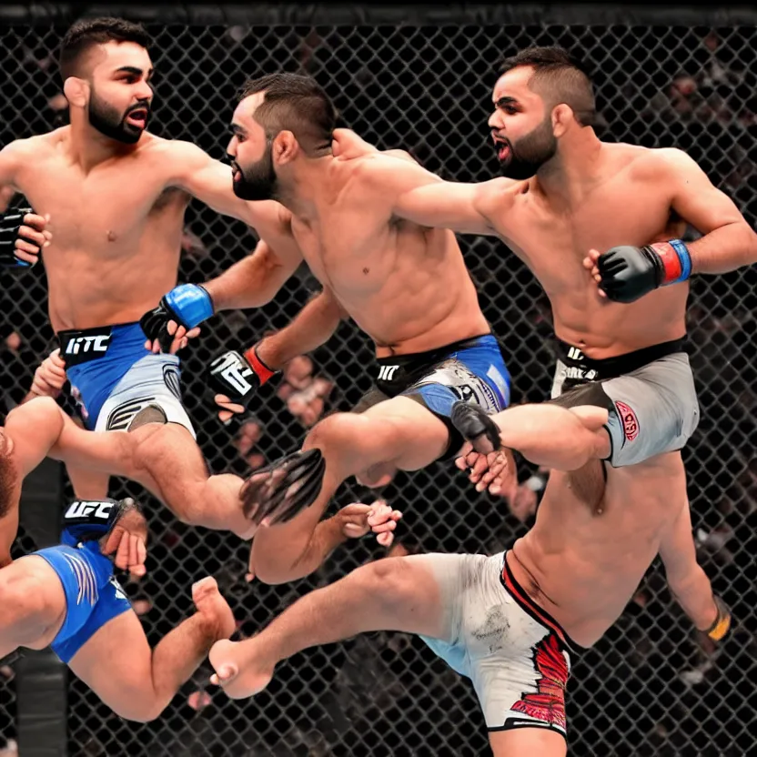 Image similar to ufc fight between rohit sharma & virat hohli in octagon, ultra realistic, highly detailed, zoomed out, canon 3 5 mm photography