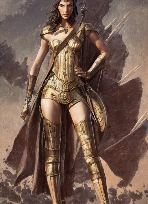 Image similar to highly detailed steampunk gal gadot standing, steel age : leonardo da vinci, greg rutkowski, magali villeneuve