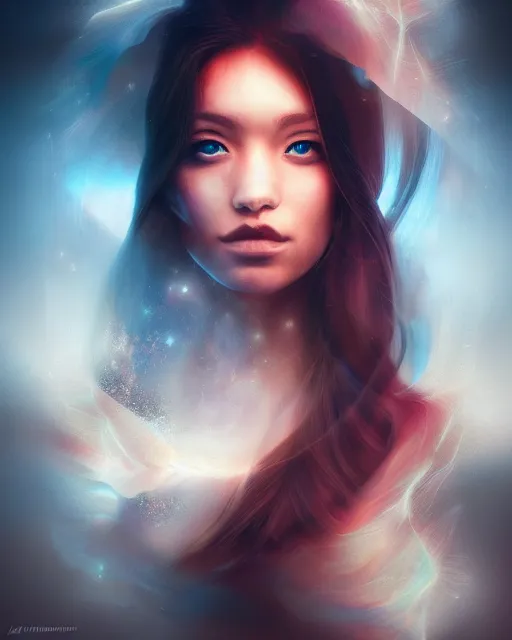 Prompt: Dramatic portrait of a woman, mountain scenery double exposure, radiant light, by artgerm, ross tran, photorealism, deviantart