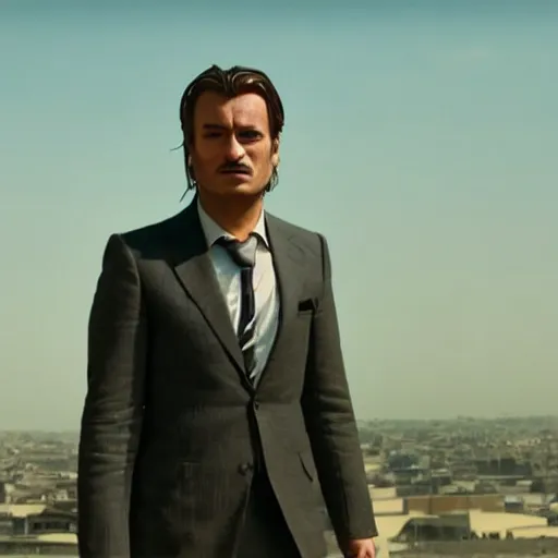 Image similar to kurdish capitalist wearing a suit, dressed smart, in a movie directed by christopher nolan, movie still frame, promotional image, imax 7 0 mm footage