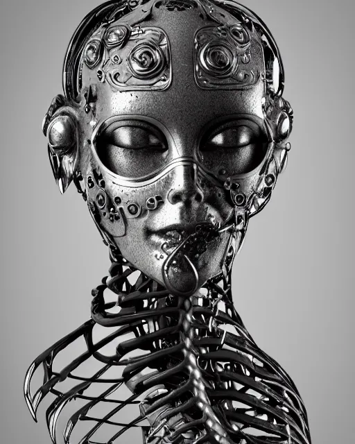 Image similar to black and white dreamy foggy smoky profile face portrait, one silver steampunk eye biomechanical beautiful young female cyclope - cyborg - robot bust, body ribs meshes,, volumetric light, hibiscus flowers, by hg giger, rim light, by dora maar and cecile beaton, big gothic fashion pearl embroidered collar, 8 k
