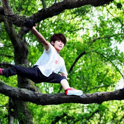 Image similar to Photo of Jeon Jungkook at 10 years old flying over a tree, realistic, real life, detailed picture, 8k, 35mm focal length