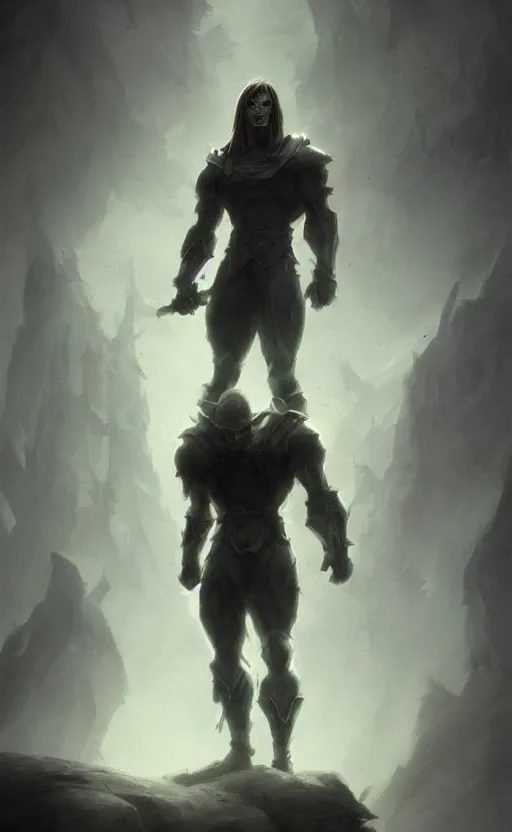 Image similar to Full body centered uncut character pose of mysterious-eerie-ominous He-Man, dark grey shadowy smokey background, atmospheric, cinematic, Epic, ultra-detailed, sharp focus, colored illustration, artwork by Jordan Grimmer and Greg Rutkowski