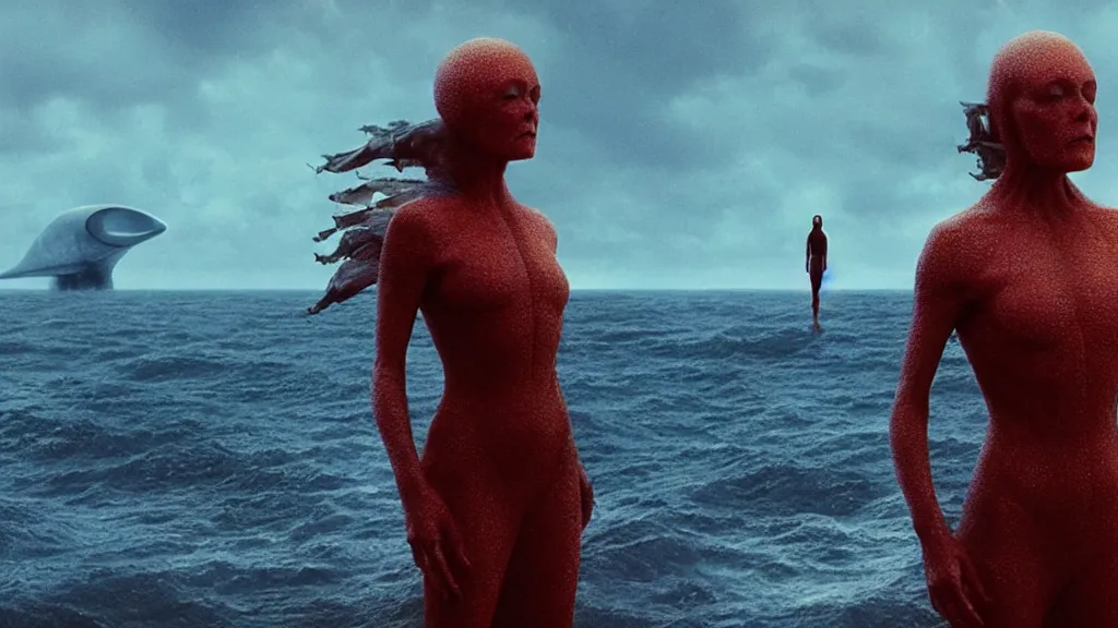 Image similar to photo of Helen McCrory coming out of the ocean, extreme detailed face, spaceship flying on the background, film still from the movie directed by Denis Villeneuve with art direction by Zdzisław Beksiński, wide lens