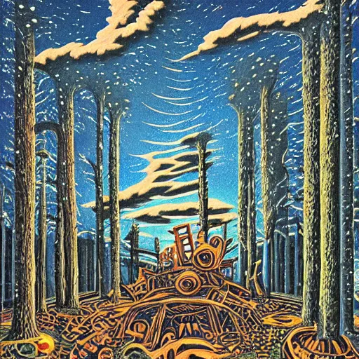 Prompt: psychedelic, trippy, broken cowboy, chicago ruins, pine forest, planets, milky way, cartoon by rob gonsalves