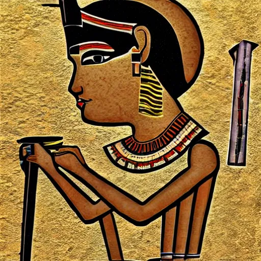 Image similar to Ancient Egypt Art, art of A person using a computer in art style of ancient art, fragmented, a person using a computer!!!!! Ancient Egypt art