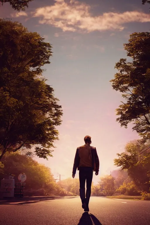Image similar to Ryan Gosling walking down the road in a horizont, retrowave sun, retrowave landscape, retrowave style, realistic materials, attention to detail, detailed depth of field, digital art, quality composition