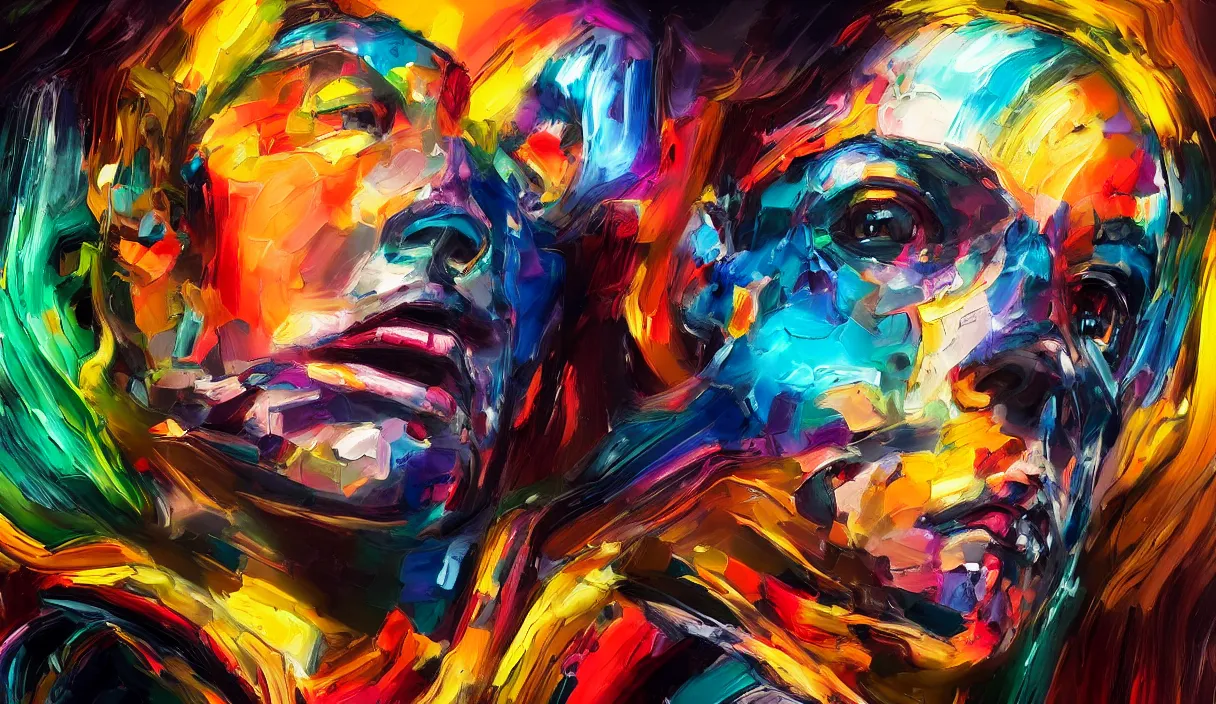 Image similar to colourful cinematic bust portrait of an artist robot painting an artwork on a canvas with a brush, paint and color, robotic enhancements, desaturated, oil on canvas, masterpiece, trending on artstation, featured on pixiv, cinematic composition, dramatic pose, beautiful lighting, sharp, details, hyper-detailed, HD, HDR, 4K, 8K