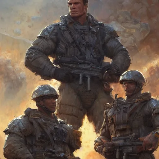 Image similar to Henry Cavill and Arnold Schwarzenegger as soldiers, character art by Donato Giancola, Craig Mullins, digital art, trending on artstation