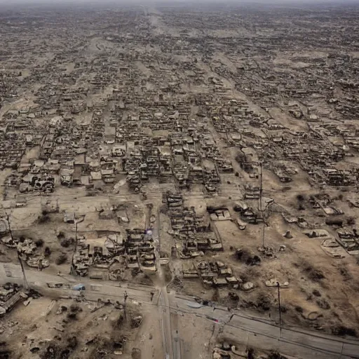 Image similar to the city of baghdad in post apocalyptic Iraq, wide angle,