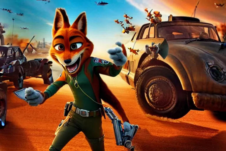 Image similar to nick wilde ( from zootopia ), heavily armed and armored facing down armageddon in a dark and gritty reboot from the makers of mad max : fury road