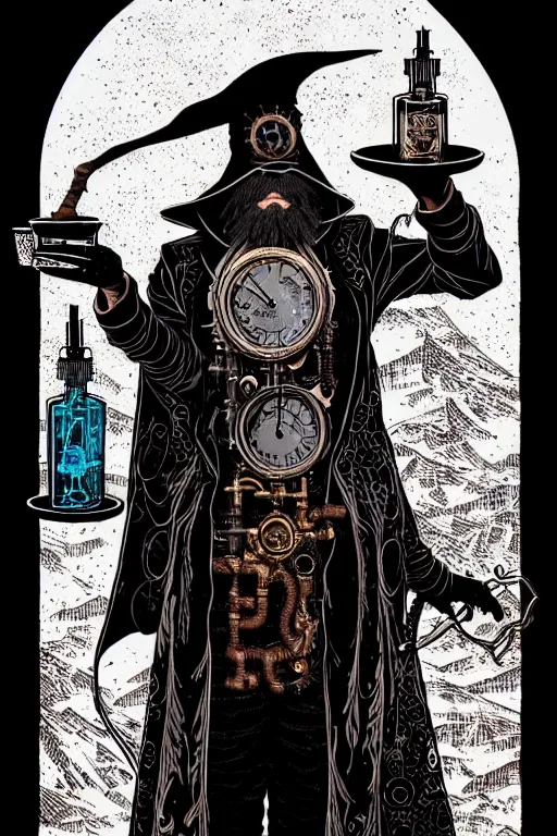 Prompt: cloaked steampunk wizard making a magic potion, high details, intricately detailed, by vincent di fate, inking, 3 color screen print, masterpiece, trending on artstation,, sharp, details, hyper - detailed, hd, 4 k, 8 k