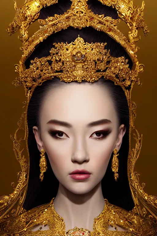 Image similar to a beautiful empress portrait, with a brilliant, impossible striking shiny big gold headpiece, reflective surface, gold clothes, rococo, baroque, jewels, asian, realistic, studio lighting, closeup, D&D, fantasy, intricate, elegant, highly detailed, digital painting, artstation, octane render, 8k, concept art, matte, sharp focus, illustration, art by Artgerm and Greg Rutkowski and Alphonse Mucha