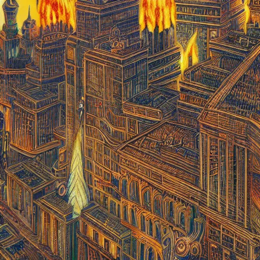 Prompt: a city on fire, tall buildings, extreme detail, abstract realism, highly ornate intricate details, 1 9 2 0's colored pencil, 4 k, cinematic lighting,