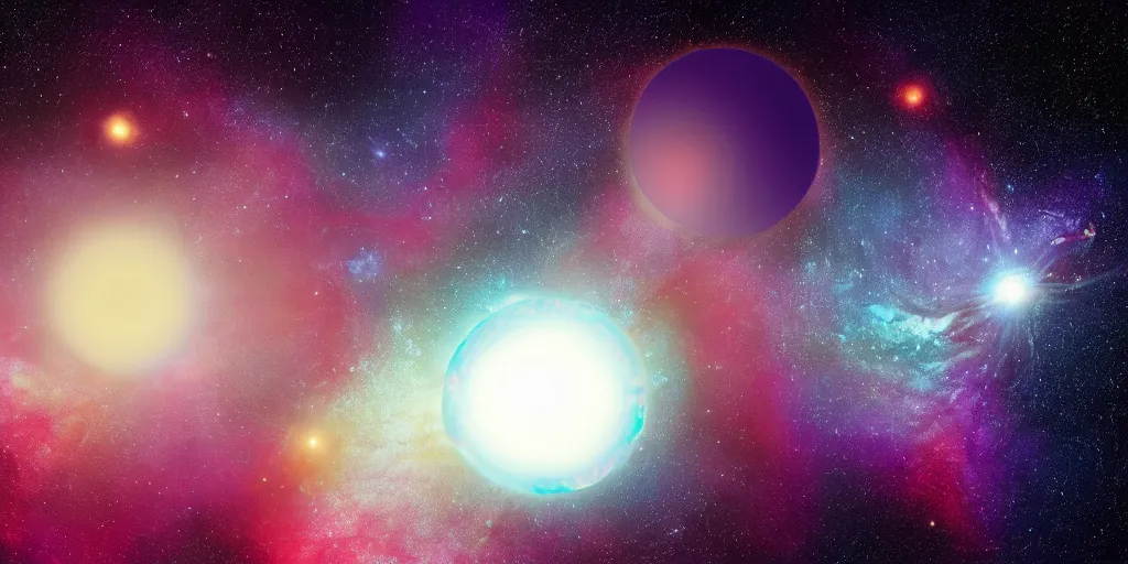 Prompt: analog photo of 3 colored planets in the galaxy, surrounded by stars, slight lens flare, deep purple color bleed