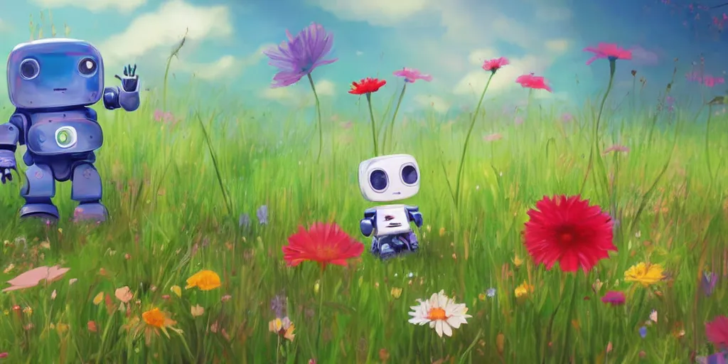 Prompt: a small cute robot playing and watching a butterfly in a flower field, beautiful art in the style of goro fujita
