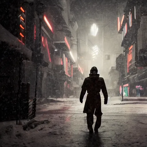 Image similar to white mecha armor Bladerunner 2049 still tall white armor walks through snowy street intimidating glowing orange emissives snowy evening moody dark lighting numerous people on the street