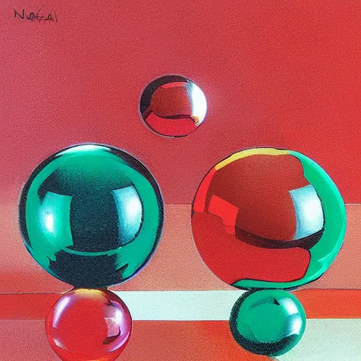 Prompt: chrome spheres on a red cube by naoko takeuchi