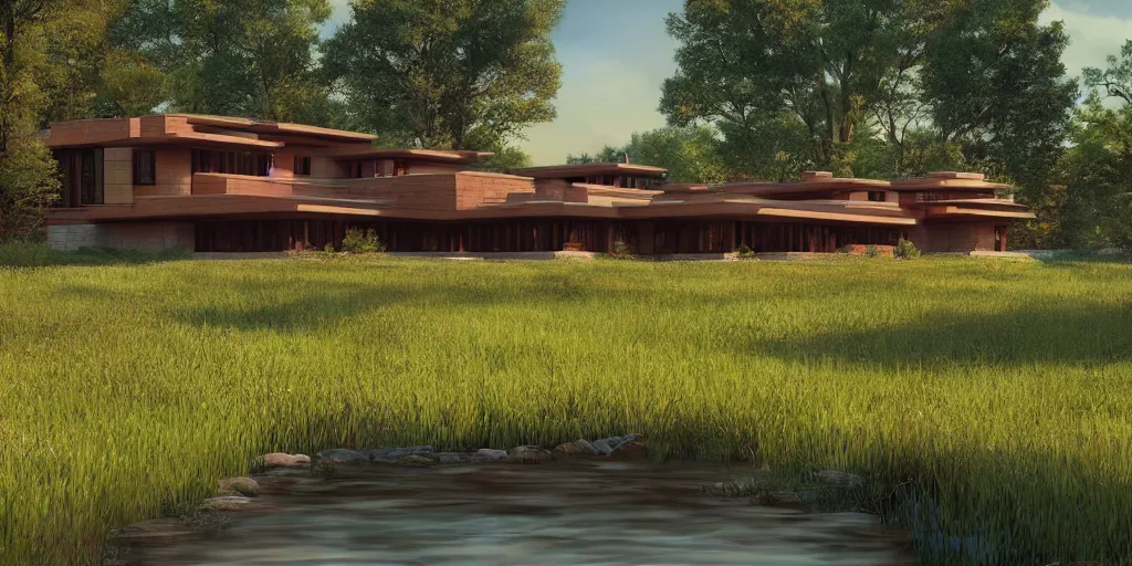 Image similar to cottagecore illustration of a Frank Lloyd Wright house in a meadow by stream in Spring, Pixar and Disney animation, sharp, Rendered in Unreal Engine 5, art by Greg Rutkowski, Bloom, dramatic lighting, sunrise