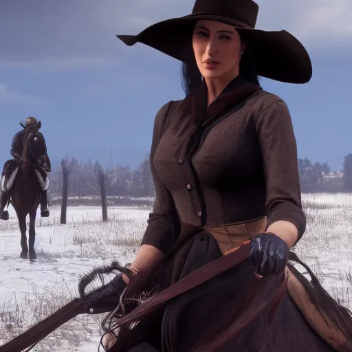 Prompt: Film still of Monica Bellucci, from Red Dead Redemption 2 (2018 video game)