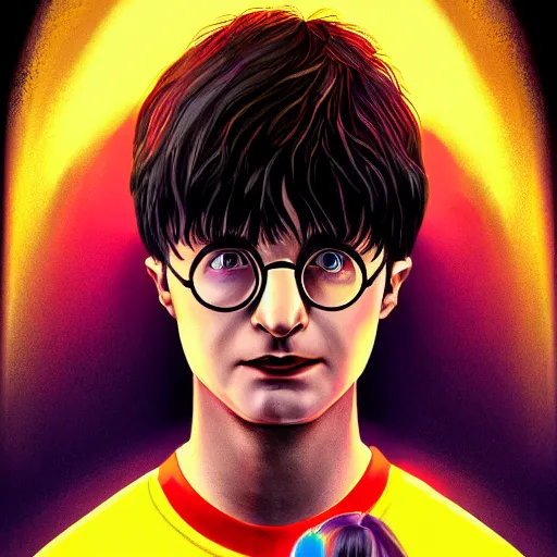 Prompt: beautiful high detailed portrait of harry potter, cyberpunk2077, cyberpunk, neon, light, artstation, digital illustration