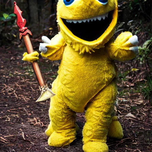 Prompt: a huggable yellow plush dragonborne paladin muppet wearing vampiric armor and holding a toy sword, photorealistic, nature, photography, national geographic, sesame street