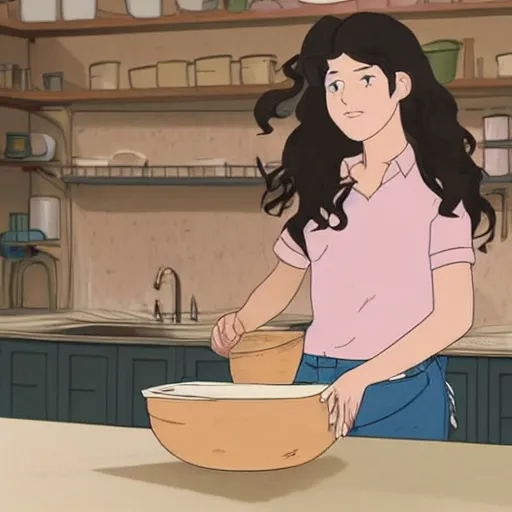 Prompt: portrait of a woman with dark curly hair in a pink shirt and high-rise jeans making sourdough in sunlit kitchen, hyper detailed, by studio ghibli