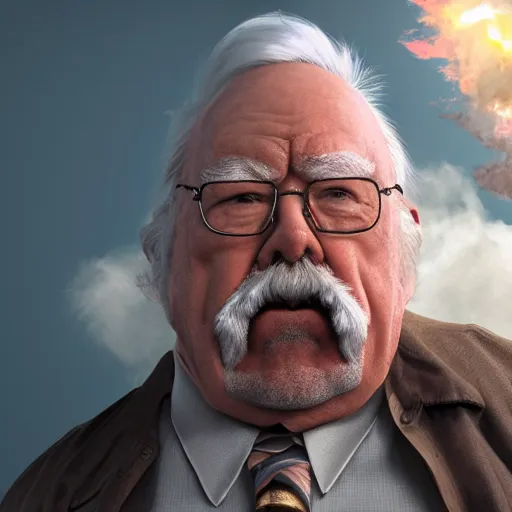 Prompt: wilford - brimley - with - a - fart - cloud - coming - from - his - butt - launching - him - like - a - rocket, high detail, octane render, photorealistic,