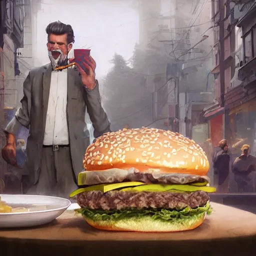 Prompt: a highly detailed epic cinematic digital painting artwork costume design: Terd Ferguson as a 1930s Detective eating a giant Big Mac Hamburger, voluptuous sesame seed bun, extra ketchup and pickles and onions . By Greg Rutkowski, Ilya Kuvshinov, WLOP, Stanley Artgerm Lau, Ruan Jia and Fenghua Zhong, trending on ArtStation, made in Maya and Photoshop, octane render, excellent composition, cinematic atmosphere, dynamic dramatic cinematic lighting, aesthetic, very inspirational, arthouse